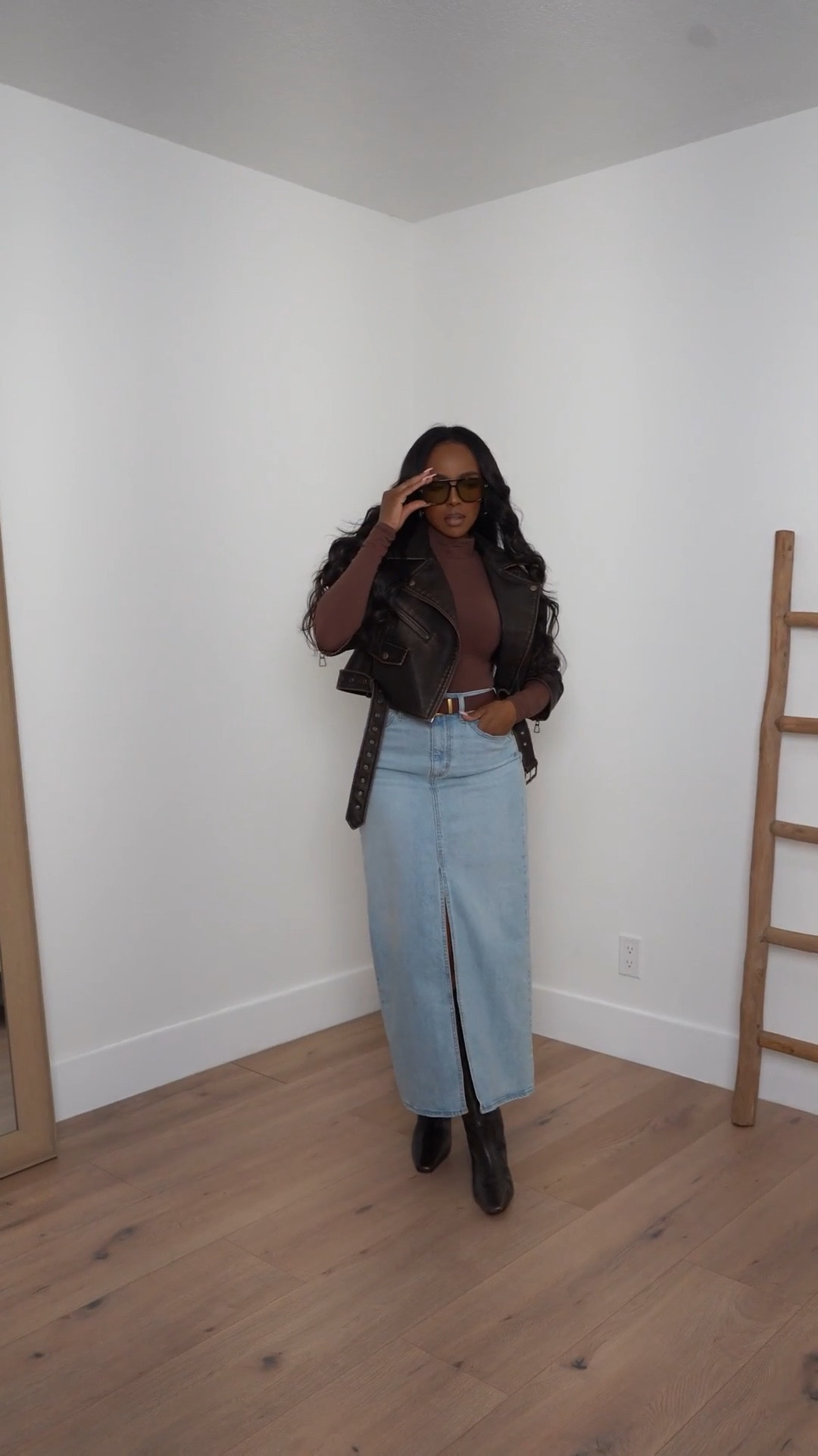 A polished fall uniform — the mix of a fitted mock-neck, denim maxi skirt, and cropped moto jacket creates that effortlessly structured look that feels classic but still modern. The front-slit skirt adds movement while the rich brown tones warm everything up for the season.

This combo is perfect for casual outings, coffee dates, or elevated everyday wear — easy to style and always put-together.

📏 Sizing: top (small), skirt (small), jacket (small), boots (true to size)  
Height 5'4" · 138 lbs · 34D · 27" waist · 40" hips

Keywords: denim maxi skirt outfit, brown fall outfit ideas, moto jacket styling, elevated casual looks, everyday fall fashion, effortless neutral style

Tap to get details.

Follow me on Instagram and YouTube @kirasfashionfinds