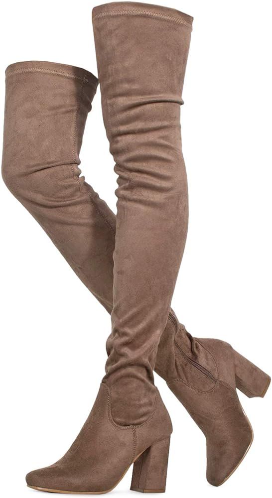 Cab-21 Women's Fitted Over The Knee Thigh High Chunky Heel Stretch Boots (Medium Calf) | Amazon (US)