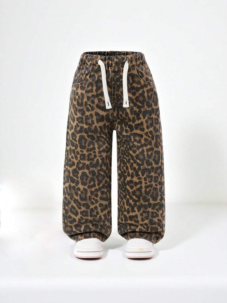 SHEIN Explorewe Young Girl Vintage Leopard Print Loose Elastic Waist Adjustable Drawstring Comfor... | SHEIN