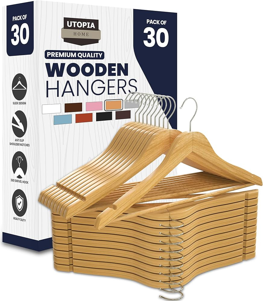Utopia Home Premium Wooden Hangers 30 Pack - Heavy Duty & Durable Coat Hanger - Wood Hanger with ... | Amazon (US)