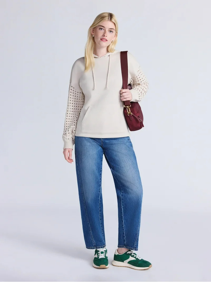 Time and Tru Women's Fleece Hoodie with Crochet Long Sleeves, Sizes XS-XXXL | Walmart (US)