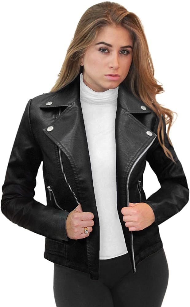 Olivia Miller Women's Faux Leather Moto Biker Jacket with Pockets | Amazon (US)