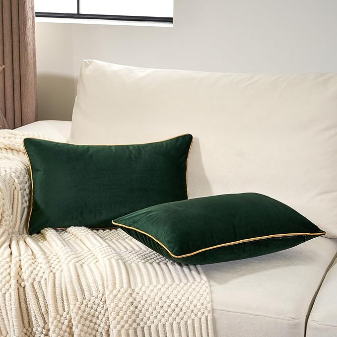 Pack of 2 Luxury Velvet Green Lumbar Pillow Covers 12 x 20 Inch, Modern Decorative Pillowcase wit... | Amazon (US)