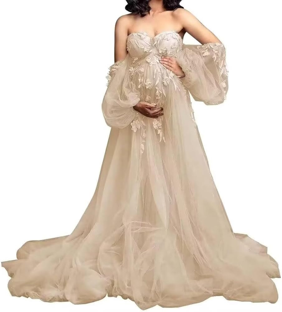 Off Shoulder Maternity Dress Tulle Baby Shower Dress for Photoshoot Appliques Maternity Gowns Pre... | Amazon (US)