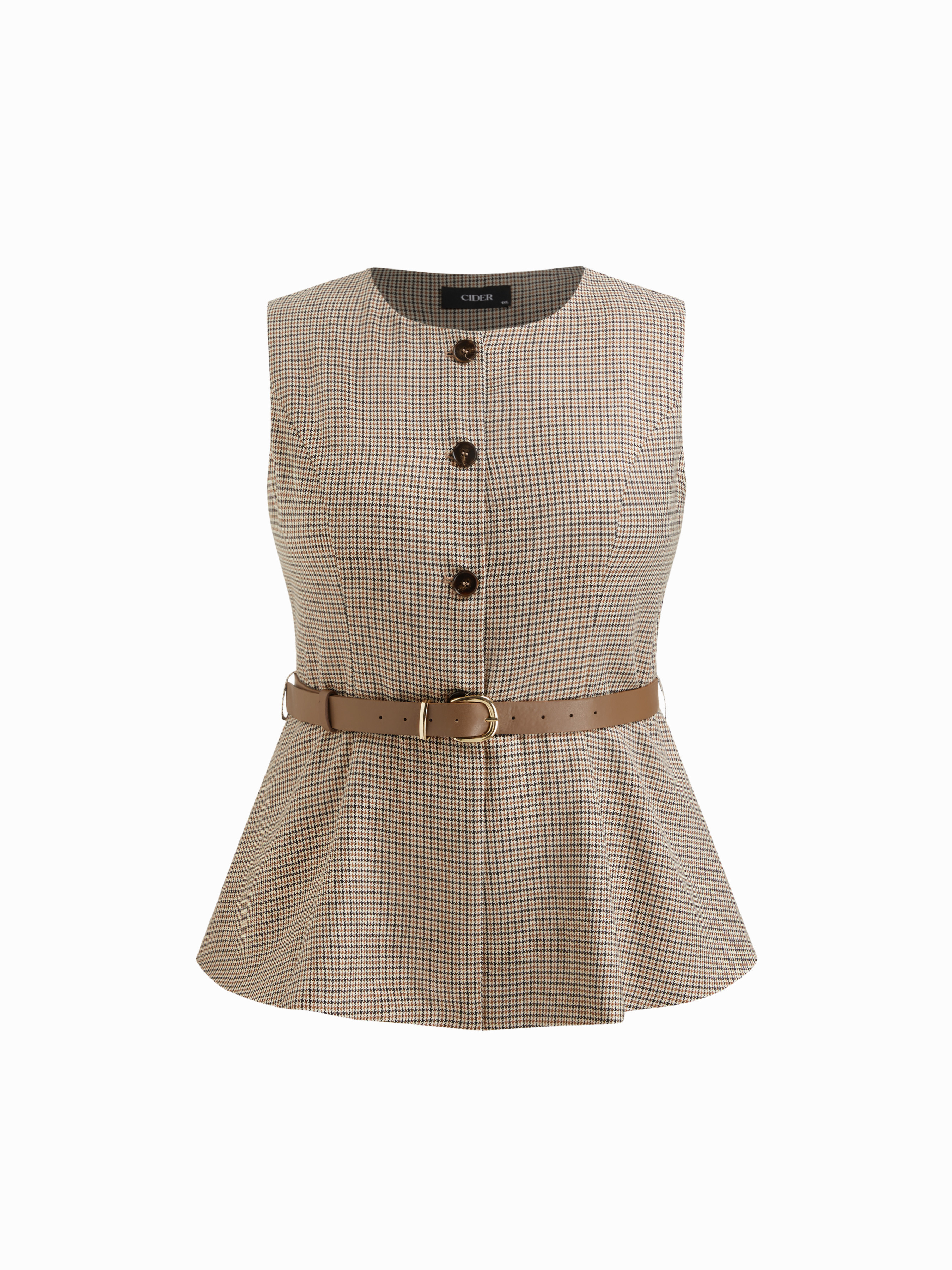 Woven Round Neckline Houndstooth Blazer Vest With Belt Curve & Plus For Work | Cider