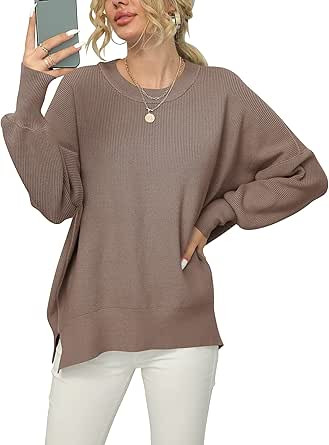 LOGENE Women's Oversized Batwing Long Sleeve Crewneck Side Slit Ribbed Knit Pullover Sweater Tops | Amazon (US)