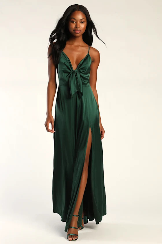 Poised and Pretty Emerald Green Satin Tie-Front Maxi Dress | Lulus (US)