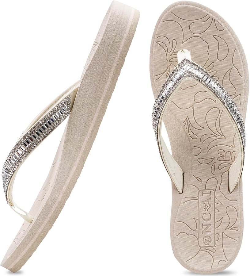 ONCAI Women's Flip Flops with Rhinestone, Arch Support Yoga Mat Comfort Walking Summer Beach Thon... | Amazon (US)