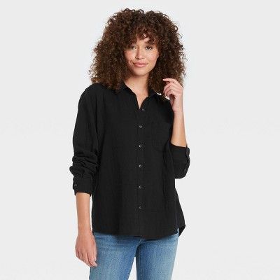 Women&#39;s Long Sleeve Gauze Button-Down Shirt - Universal Thread&#8482; Charcoal Black XS | Target