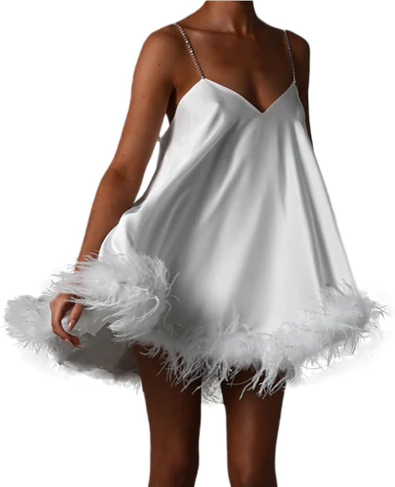 White Mini Silk Feather Dress  | Amazon (US)