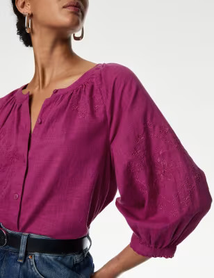 Pure Cotton Embroidered Blouson Sleeve Blouse | Marks & Spencer (UK)