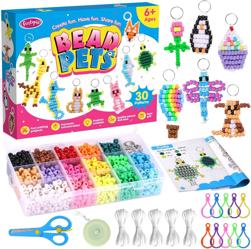 Funtopia Beads for Crafts, Pony Beads Keychain Making Kit, Bead Pets Art Crafts for Kids Beginner... | Amazon (US)