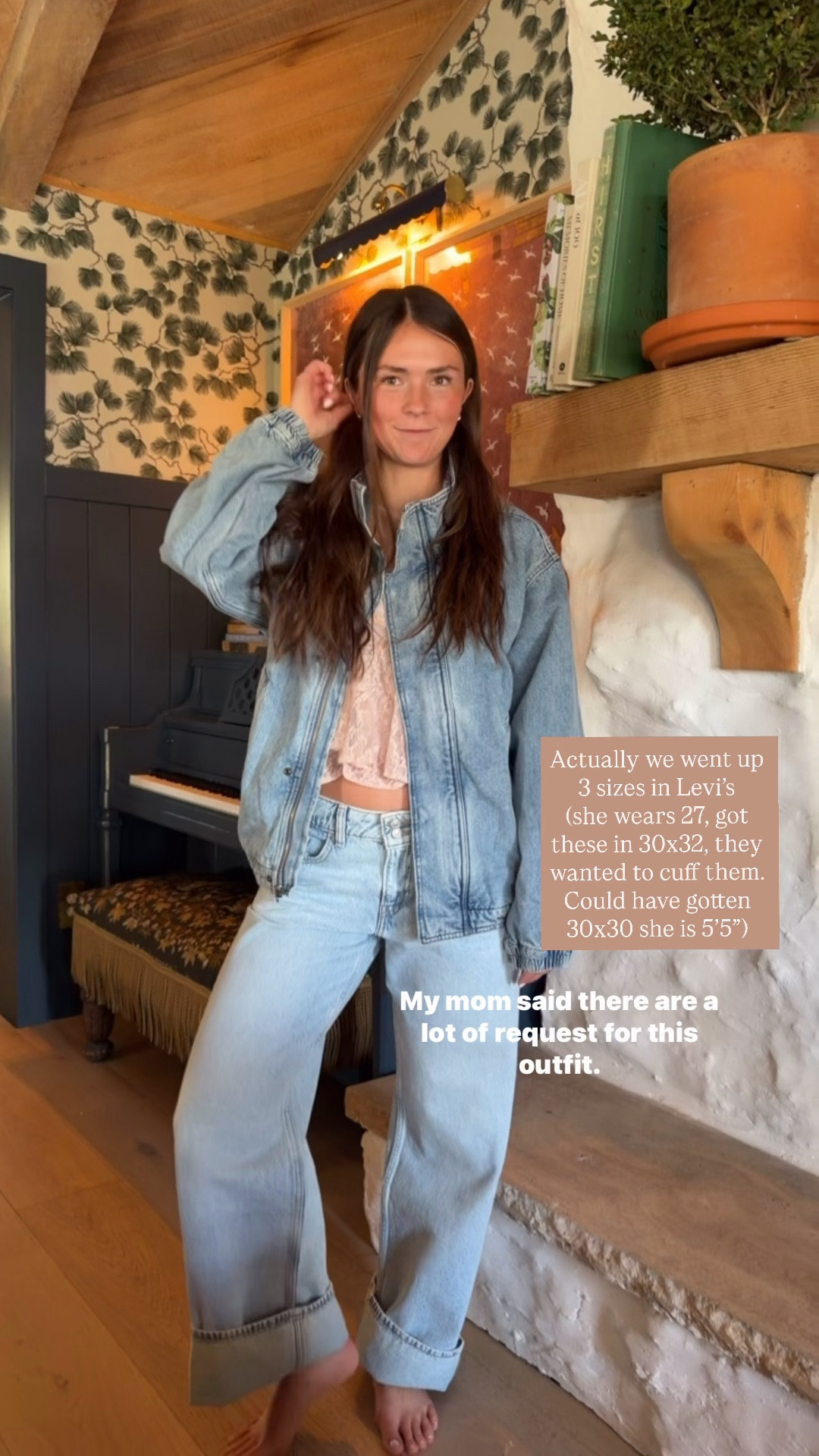 •Pants are “superlow loose” she is in 30x32 reg size 27 & is 5’5”
