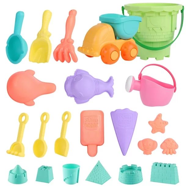 Beach Sand Toys Set for Kids Toddlers, 22pcs/set Beach Pail Set with Molds Bucket and Soft Plasti... | Walmart (US)