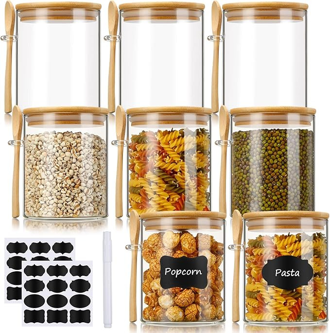 8 Pcs Glass Storage Jars with Airtight Bamboo Lid and Spoon, 27 oz Glass Food Storage Jar Glass K... | Amazon (US)