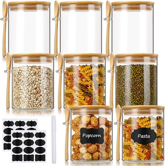 8 Pcs Glass Storage Jars with Airtight Bamboo Lid and Spoon, 27 oz Glass Food Storage Jar Glass K... | Amazon (US)