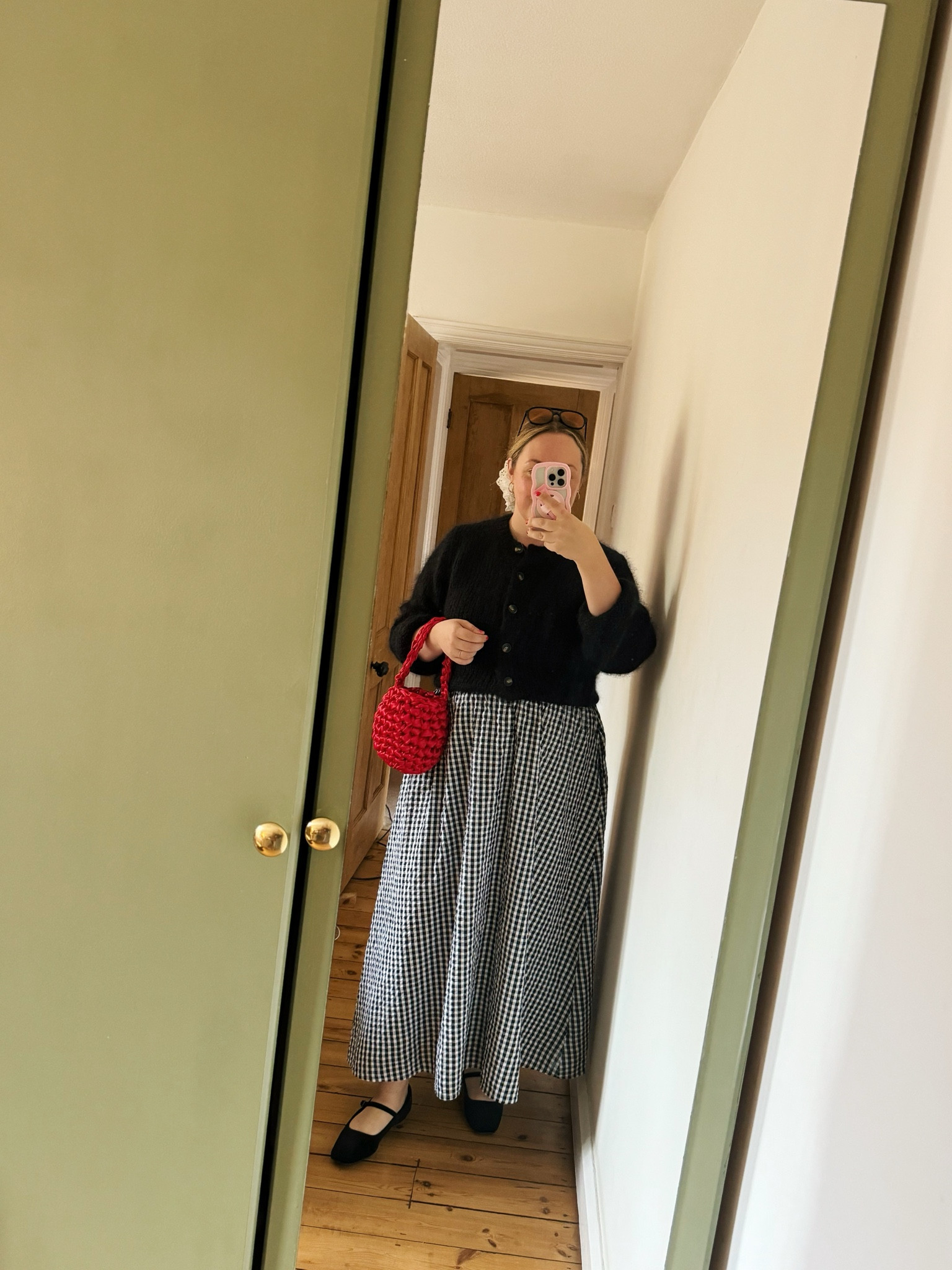 Gingham midi skirt, nobody’s child, black and white, midsize style, size 18, pop of red, velvet Mary Janes 

#LTKmidsize #LTKuk #LTKautumn