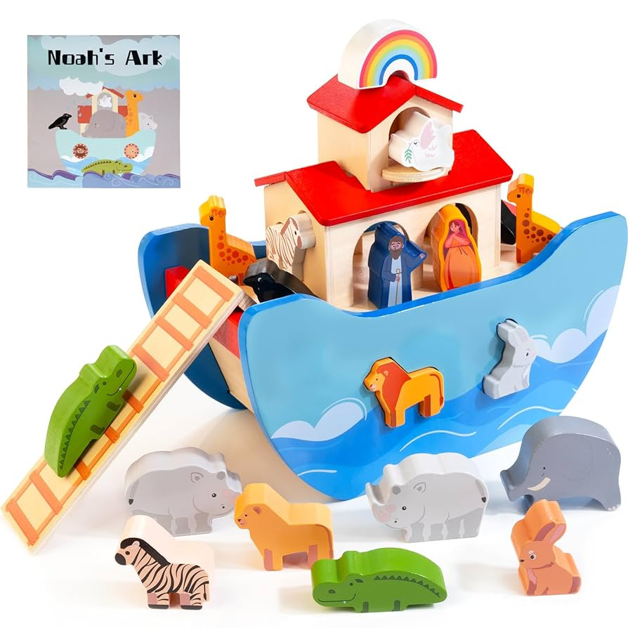 JUSTWOOD Wooden Noah's Ark Toy Animal Play Set, Bible Story Toys Baptism Gift for Boys and Girls,... | Amazon (US)