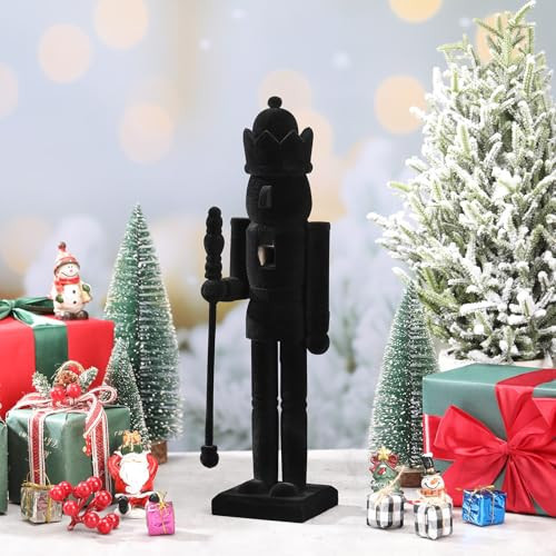 Cinnvoice 15 Inch Black Christmas Nutcracker Ornaments Flocked Nutcracker Figures Christmas Decor Ornament Soldier Festive Collectible Gift for Table Fireplace Shelf Desktop Home Decor | Amazon (US)