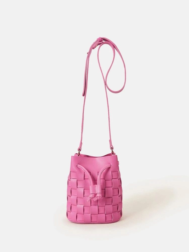 Shiny Soft Pu Woven Mini Bucket Bag With Drawstring Design, Fashionable Shoulder Crossbody Bag | SHEIN