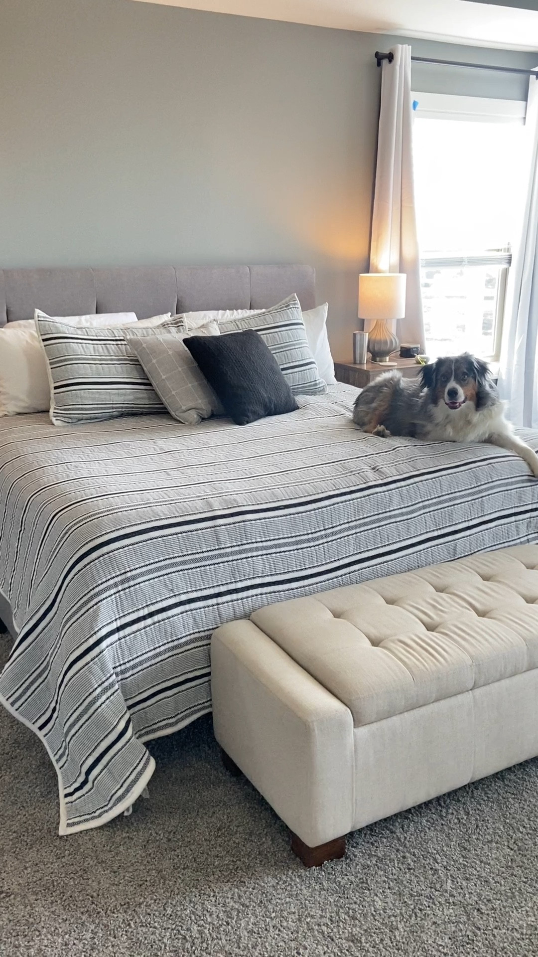 Some bedroom details - work in progress! Planning to update our lamps, the end of bed bench to a gray one, 16x20 frame above bed and wainscoting on the wall 

#LTKhome #LTKunder50 #LTKfamily