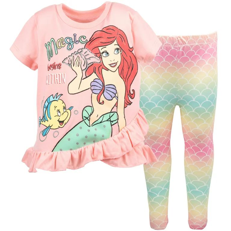 Disney Princess Ariel Little Girls Peplum Crossover T-Shirt and Leggings Outfit Set Toddler to Bi... | Walmart (US)