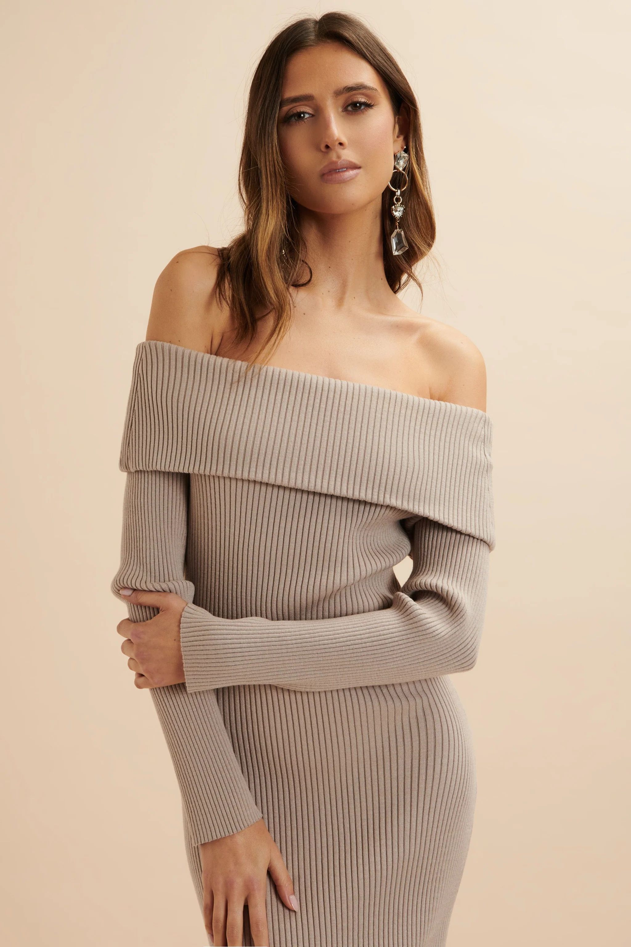 SUNDAY Knitted Rib Bardot Midi Dress In Beige | Lavish Alice Retail Ltd