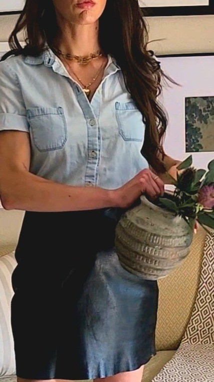 Fall style. Leather mini skirt. Denim shirt. Gold heart locket necklace. Earthy vase. Living room decor 

#LTKSeasonal #LTKHome #LTKSaleAlert