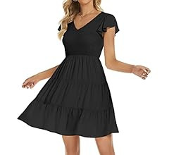 Funlingo Women's 2023 Summer Casual Flutter Short Sleeve Smocked Dresses V Neck Ruffle Tiered Mini D | Amazon (US)