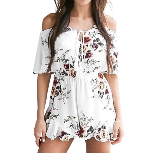 GeweYeeli Women's Floral Print Off Shoulder Short Sleeve Playsuit High Waist Romper Jumpsuit | Walmart (US)