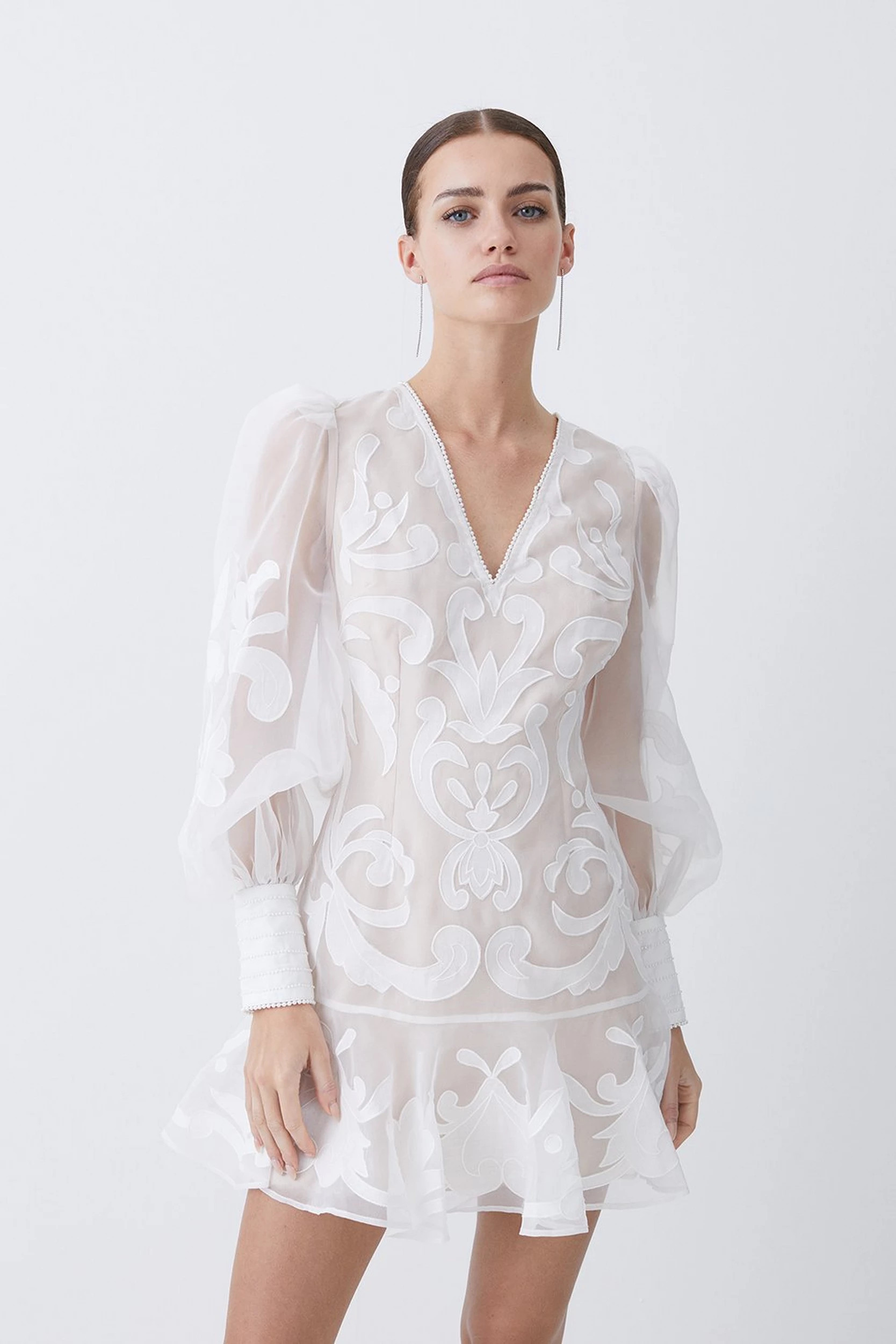 Petite Applique Organdie Buttoned Woven Mini Dress | Karen Millen US