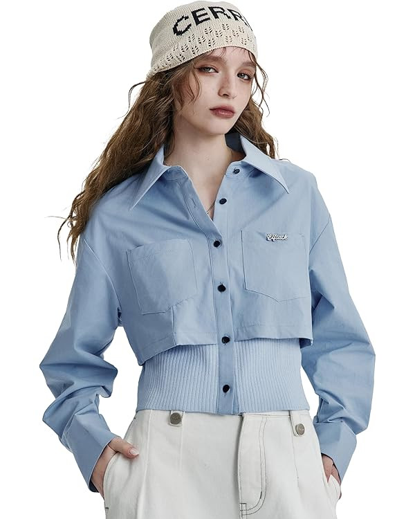 Womens Button-Down Shirts Knitted Stitching Hem with Pockets | Amazon (US)