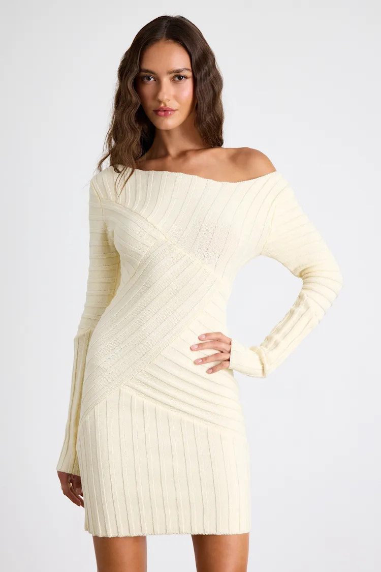Penelope Cream Ribbed Off-the-Shoulder Sweater Mini Dress | Lulus