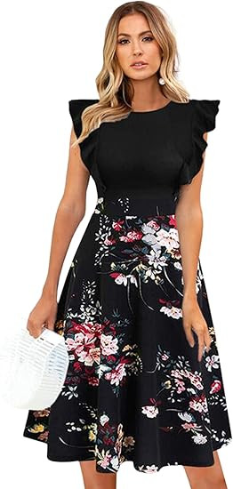 ECOWISH Womens Dresses Elegant Ruffles Cap Sleeves Summer A-Line Midi Dress | Amazon (US)