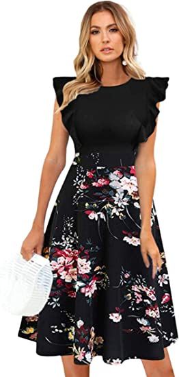 ECOWISH Womens Dresses Elegant Ruffles Cap Sleeves Summer A-Line Midi Dress | Amazon (US)