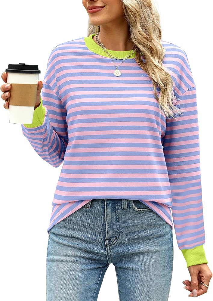 WIHOLL Womens Tunic Tops Long Sleeve Striped Shirts Crewneck Tops | Amazon (US)
