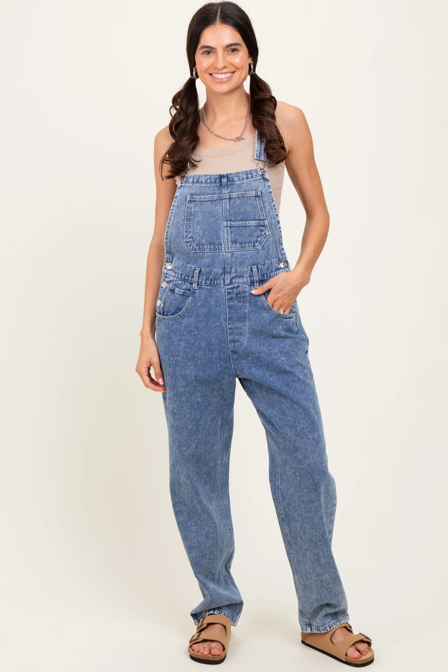 Light Blue Wash Rolled Cuff Denim Overalls | PinkBlush Maternity