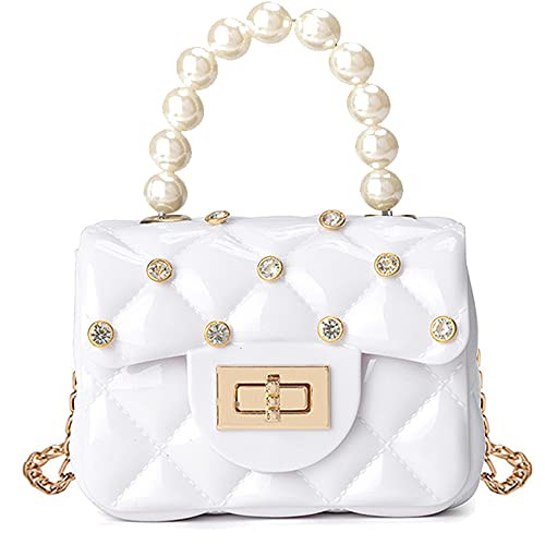 JUCHAO Mini Purse for Toddler Girls with Pearls Handle Crossbody Cute Princess Handbags Shoulder Bag for Toddler Little Girl (White with Rivets) | Amazon (US)