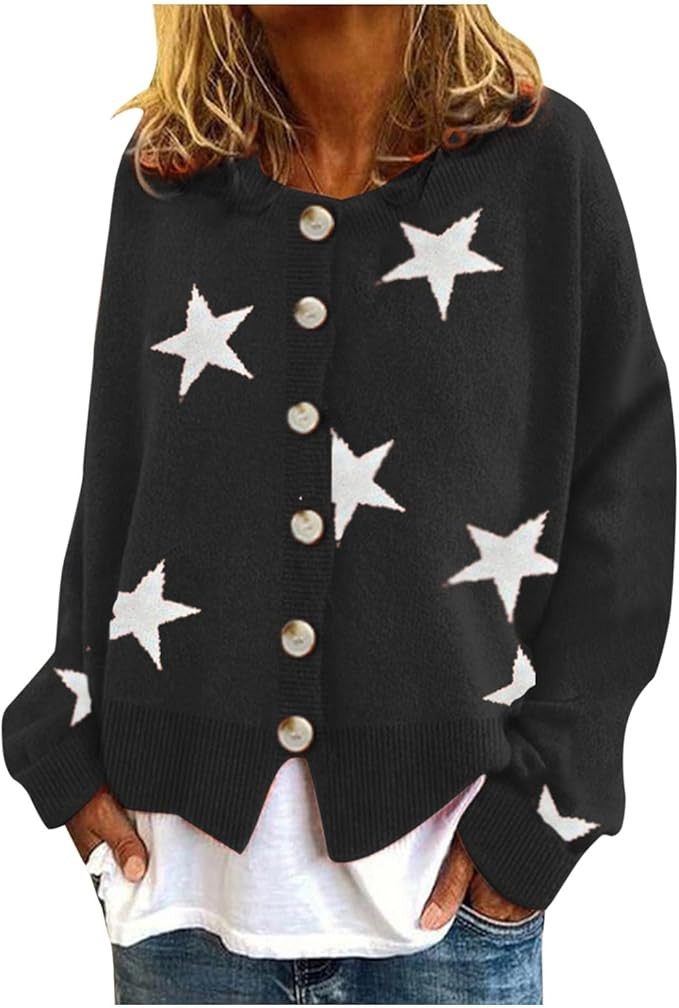 Women Cardigan Sweaters Plus Size Button Down Cable Knit Star Print Sweater Dressy Casual Fall Ou... | Amazon (US)