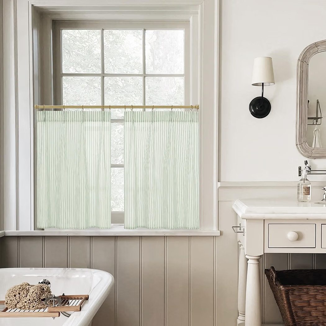 Lino Rosa Sage Green Kitchen Curtains,Boho Farmhouse Vintage Striped Patterned Printed Cottage Core Curtains for Bathroom Windows 36 Inch Length | Amazon (US)