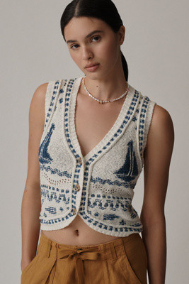 Pilcro V-Neck Sailboat Motif Cardigan Sweater Vest | Anthropologie (US)