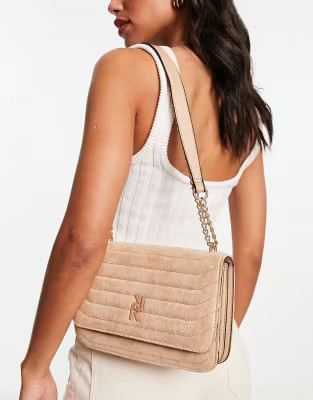 River Island faux suede shoulder bag with chain strap in brown | ASOS (Global)
