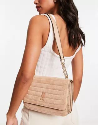 River Island faux suede shoulder bag with chain strap in brown | ASOS (Global)