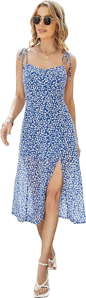 IBAOTORONI Women's Summer Casual Boho Floral Midi Dresses Shoulder Tie Strap Sleeveless Backless ... | Amazon (US)
