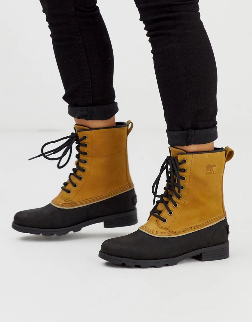 Sorel leather emelie lace up boot in tan and black-Brown | ASOS (Global)