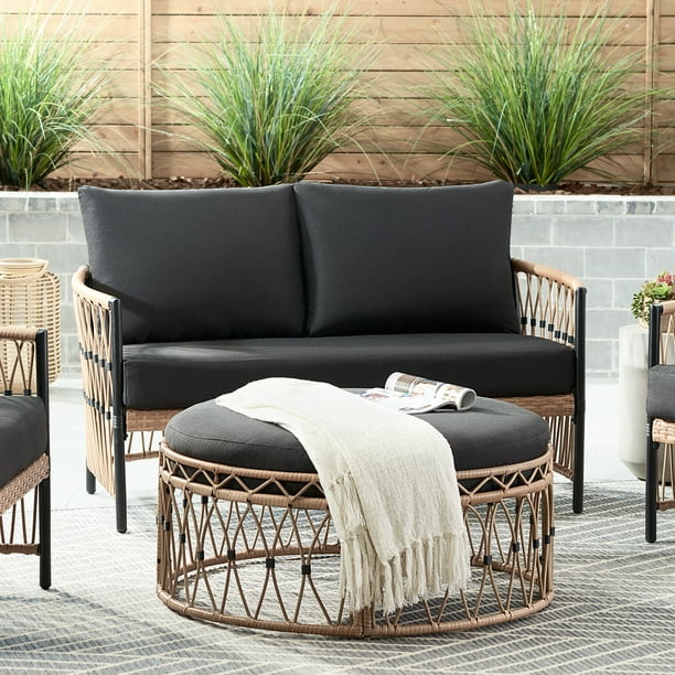 Better Homes & Gardens Lilah 2-Piece Outdoor Wicker Loveseat and Ottoman, Black | Walmart (US)