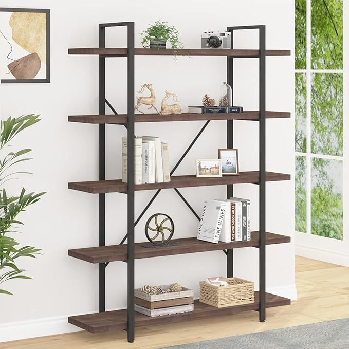 IBF Real Natural Wood 5 Shelf Bookshelf, Industrial Solid Wood Large Open Tall Etagere Bookcase, ... | Amazon (US)