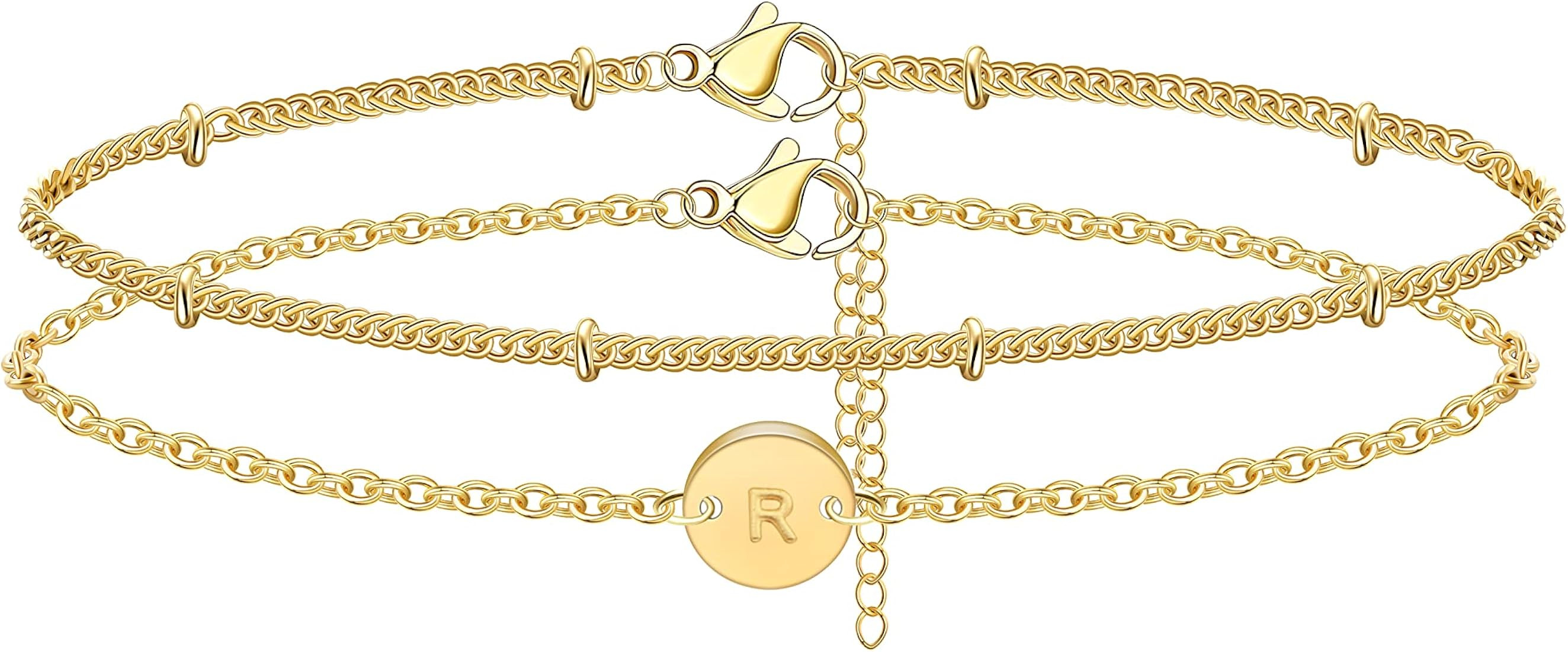 Gold Initial Bracelets for Women Dainty Gold Filled Layered Beaded Letter Initial Bracelet Personali | Amazon (US)