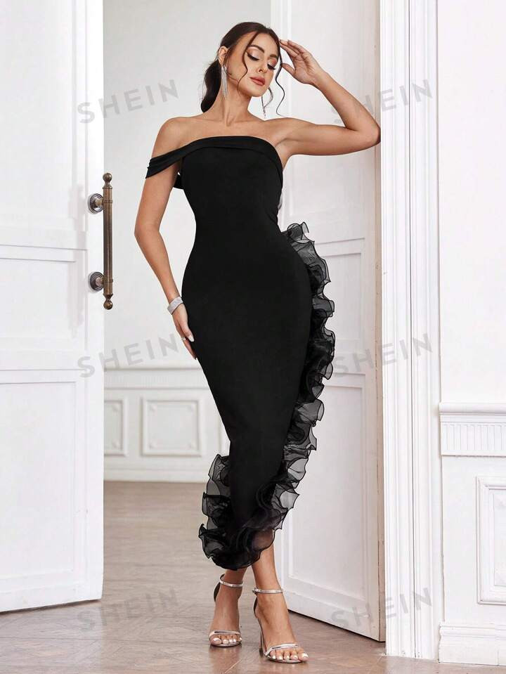 SHEIN Belle Asymmetrical Off Shoulder Dress With 3d Ruffle Decoration On The Hem | SHEIN