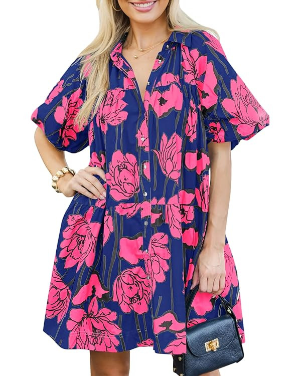 Wenrine Women's Summer Button Down Shirt Dress Floral Puff Short Sleeve Casual Loose Fit Beach Mi... | Amazon (US)